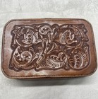 Vintage Leather Hand Tooled Lunch Box Travel Case Floral Aztec Medallion Lined