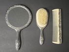 Vintage Ornate Silver Plated Hand Mirror  Brush  Comb Vanity Set Heavy 