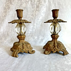 Pair Of Antique Spelter Lamp Bases With Crystal Prism Mid-section  early 1900s 