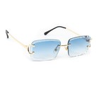 Men s Gem Cut Blue Tint Gold Frame Hip Hop Rimless Luxury Rectangle Sunglasses