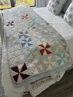Antique Pinwheel Blue White Quilt Hand Stitched Cutter  Upcycle Queen Size