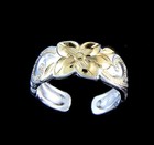 925 Sterling Silver Hawaiian Plumeria Flower Scroll Yellow Gold 2t Toe Ring 8mm