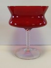 Beautiful Large Ruby Red Compote Blown Glass Clear Twist Stem Pedestal 9-1 2 