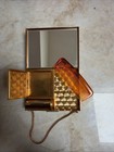 Vintage 1950s Gold Tone Woven Cosmetic Compact Mirror Lipstick Holder With Strap