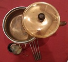 Vintage Copper  Brass    Wood Warming Pot Fondue With Forks  2 Quart Capacity 