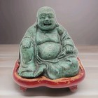 Vintage Laughing Buddha Cast Bronze Green Patina Statue   Wood Stand Large