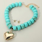 Turquoise Beaded Necklace Set Gold Heart Pendant Stud Earrings Statement Jewelry