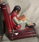 Antique Chalkware Book Ends Asian Oriental Girl Reading boy Watching Vintage  
