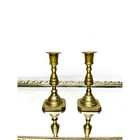 Vintage Set Of Two Etched Short Solid Brass Candle Holders