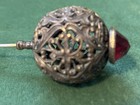 Antique Victorian Hat Pin Spherical Hollow Filigree Brass Orb Red Stone 5 Inch