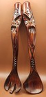 Vintage Meadswood Nz Maori Tiki Carved Wood Salad Servers Pair Paua Shell   