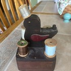Vintage Wood Sewing Box Bird Thread Spindles W  Extra Spool Caddy