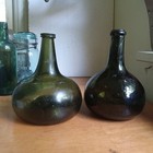 1860s Blown In Mold Blackglass Onion Shape Liquor Bottle W emb Circle Crude Lip