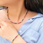 Silver Plated Multicolored Cz Square Wedding Necklace Bracelet Boho Jewelry Set