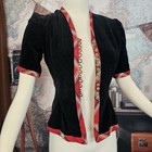 1930s 1940s Black Velvet Red Plaid Trim Button Up Blouse Top Shirt Brass Vintage