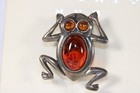 Vintage Frog Amber Sterling Silver Pin Brooch Pendant Valerio  0390