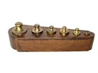 Antique Apothecary Set 6 Graduated Brass Gram Weights In Wood Block