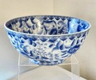 Large Vintage Chinese Ceramic Blue   White Round Floral Bowl 10    For Decor - Exc