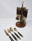 28 Piece Mid Century Modern Cutlery Brass Teak Wood Complete W  Caddy Gold Brown