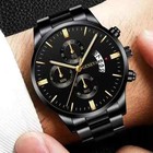 Fashion Men Black Stainless Steel Watch Luxury Calendar Quartz Wrist Watch