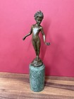 Bronze Girl Holding Rose Sculpture Romantic Figurative Art Statue Decor Home J b