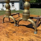 Antique Brass   Wrought Iron Fireplace Andirons Firedogs Victorian Colonial Pair