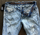 Mens Rock Revival Destroyed  manny   Leather Inserts  rr  Faux Flap Jeans 34x31