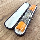 Vtg Amber Bakelite  Celluloid  Sterling Silver  Cigarette Holder W  Leather Case