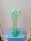Vintage Tall Green Art Glass Ruffled Rim  3-footed Flower Vase