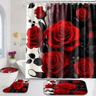  4 Pcs Bathroom Shower Curtain Set red Black Rose Bathroom Set  Red-black Rose
