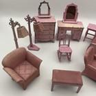 11 Piece Vtg Tootsie Toy Pink Dollhouse Furniture Set Chaise Chair Beds Vanity