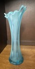 Jefferson Glass Blue Opalescent Lined Ribbed Swung Vase 11    Vintage