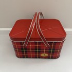 Vintage Tin Picnic Basket By Cheinco Hoot Mon Tartan Red Plaid Mcm Usa