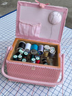    Vtg Pink Floral Sewing Basket Box Filled Sewing Kit Wood Base Cottagecore