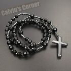 Black Onyx Bead Hematite Cross Rosary Necklace Catholic Men Women Gift Hanging