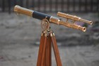 Vintage Nautical Brass Telescope On Wooden Tripod Maritime Home Office Accent