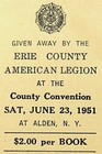 1951 Erie County American Legion Alden  New York Full Raffle Ticket Book -e12-h