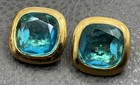 Vintage Replica Made In Italy Blue Rhinestone Chunky Clip-on Earrings Gold Tone