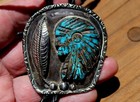 Old Navajo Handmade Sterling Silver Carved Turquoise Stone Indian Chief Bolo Tie