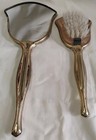 Vtg 1940 s Vanity 2pc Goldtone Hand Mirror   Brush Dresser Set Hollywood Regency