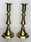 Antique English Federal Period Octagon Base Push-up Brass Candlesticks Pair 8 