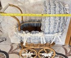 Vintage Wicker Doll Pram Stroller W lace Canapy   Bows-victorian Style- Blue