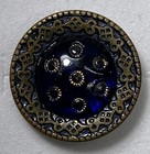 Victorian Metal Button Intricate Border Gold Tone Circles On Blue Glass Center