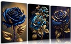 3pcs Blue And Gold Rose Canvas Wall Art 16 l X 12 w-canvas Blue And Gold Rose