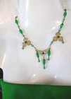 Antique Vtg Art Deco Green Czech Glass Gold Brass Filagree Necklace Beautiful   