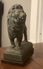 Vintage Solid  Bronze Lion Figurine On Wood Base  9  Tall  1964 