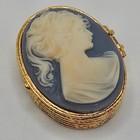 New Vintage Blue White Carved Cameo Gold Tone Hinged Pill Trinket Box Pillbox