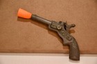 Vintage 1920 - 30 s  J E Stevens   Pluck   Cast Iron Cap Gun W  Leather Holster 