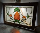 Vintage Stained Leaded Glass Oak Wood Frame Transom Window Panel Arts   Crafts