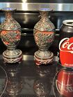 Vintage Chinese Carved 5    Cinnabar Vase   Red Black W  Blue Enamel   Wood Bases